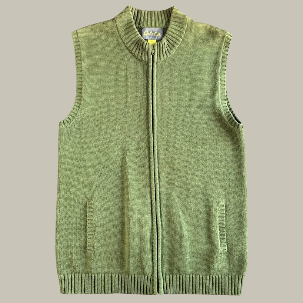 Cabelas Grn Knit Full Zip Vest Med Mock Neck Pockets Grandpacore Hunting Fishing